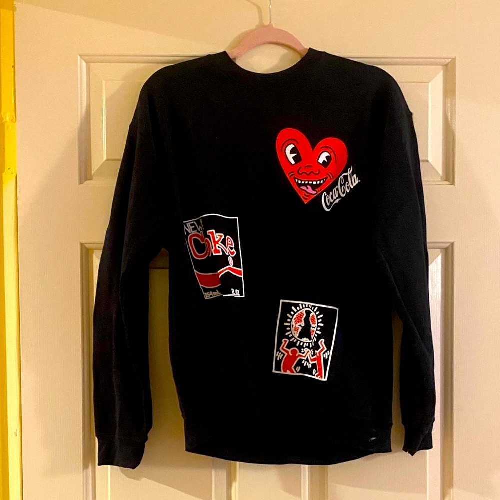 NWOT Coca Cola Black Crewneck Sweater with Red Graphics, Size M